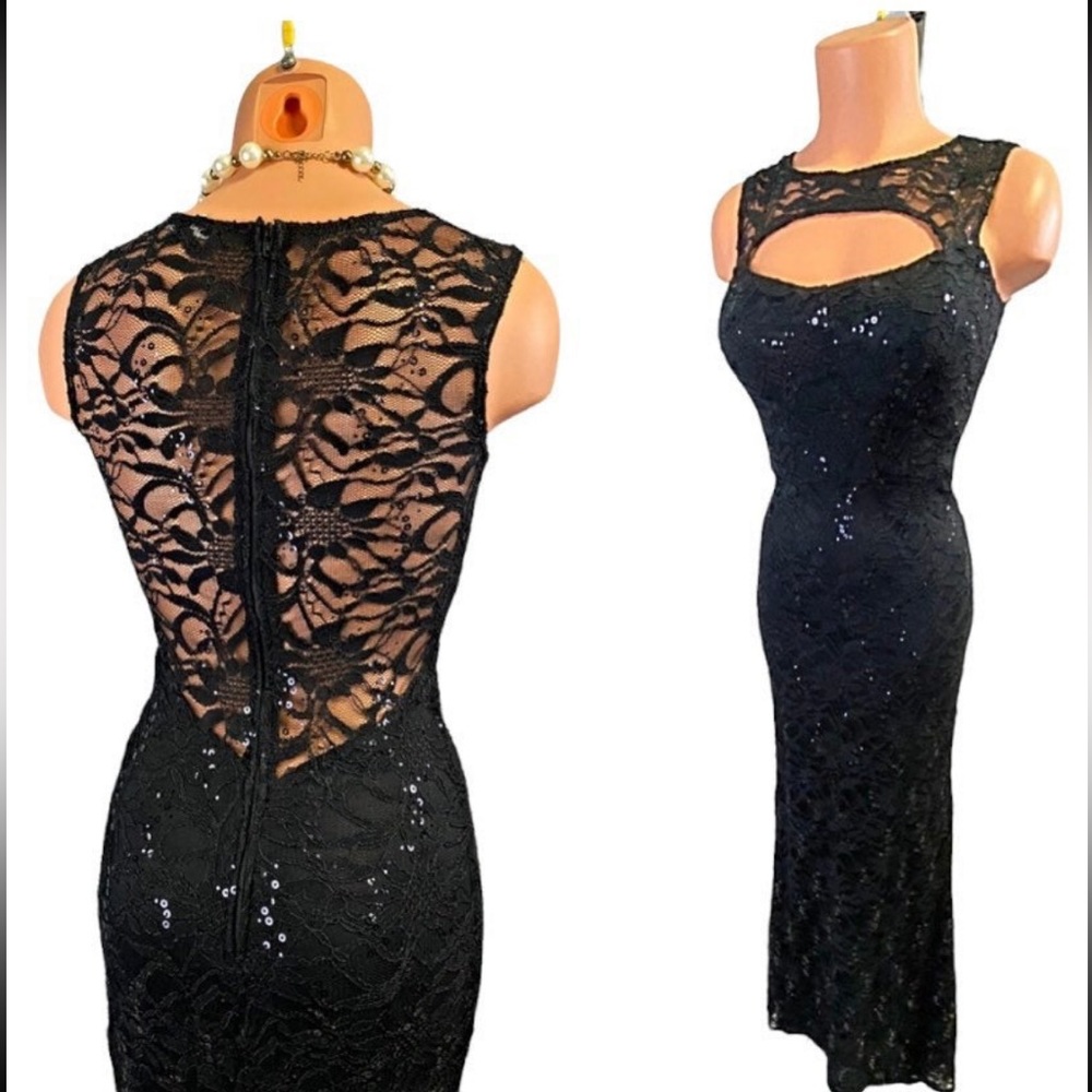 Vintage long black sleeveless sequin prom dress size 1/2